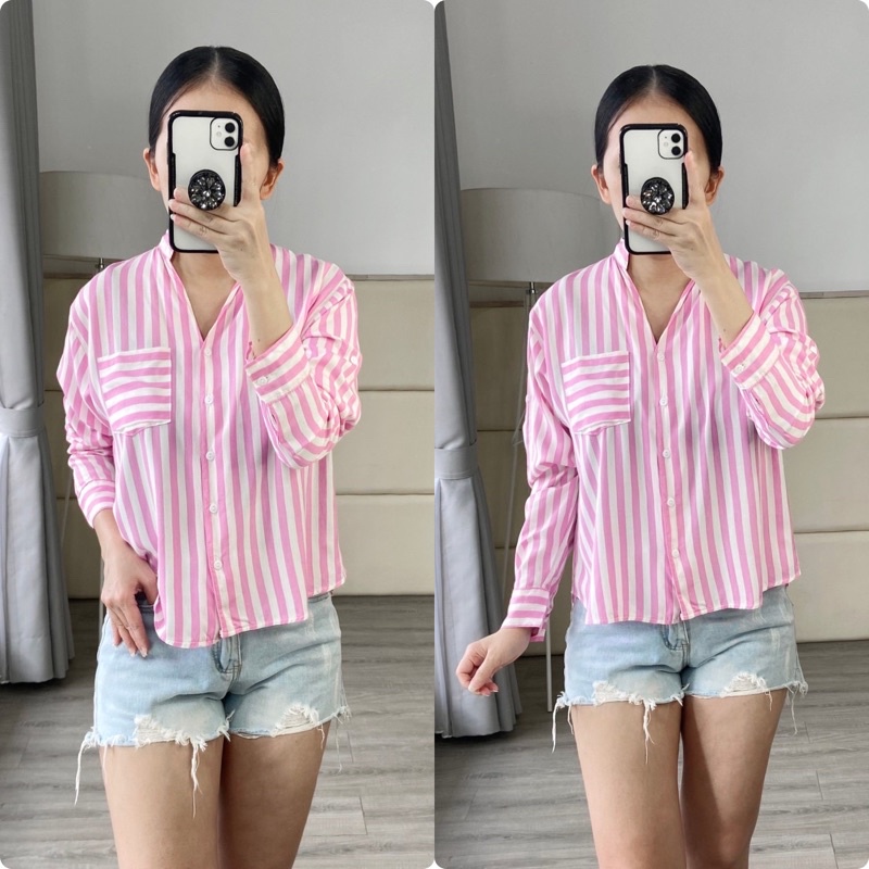 kemeja casual vneck / kemeja salur K8555