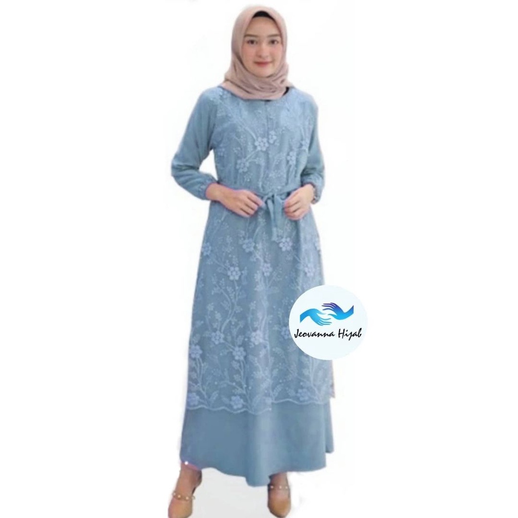 RINIA Pakaian Wanita Baju Gamis Terbaru Ukuran Jumbo Bahan Moscrepe-BLUE
