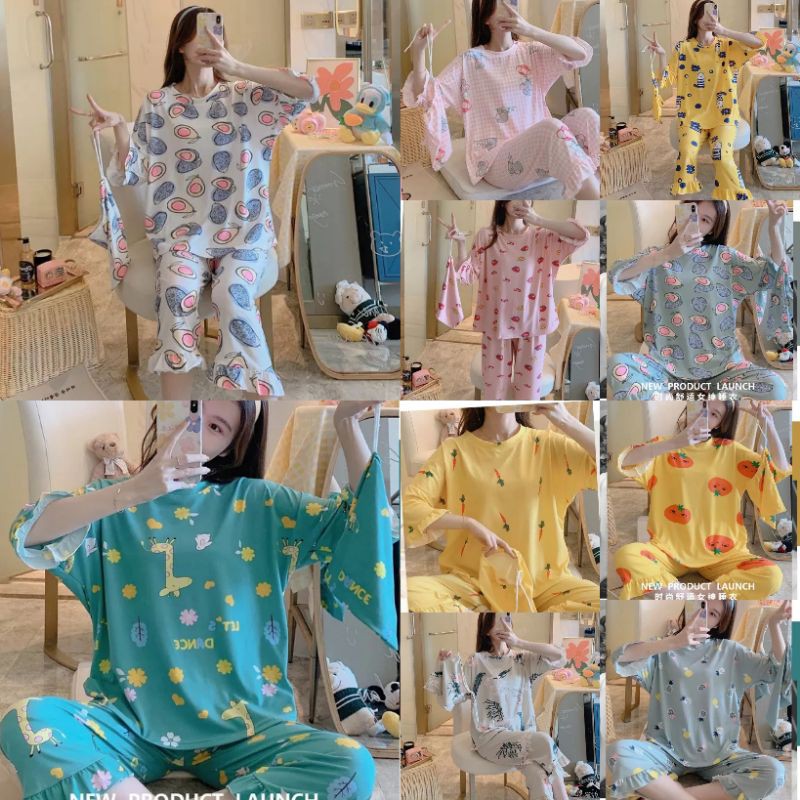 Baju tidur wanita lengan pendek / Piyama 7/8 wanita baju tidur import renda jumbo (free pouch serut)