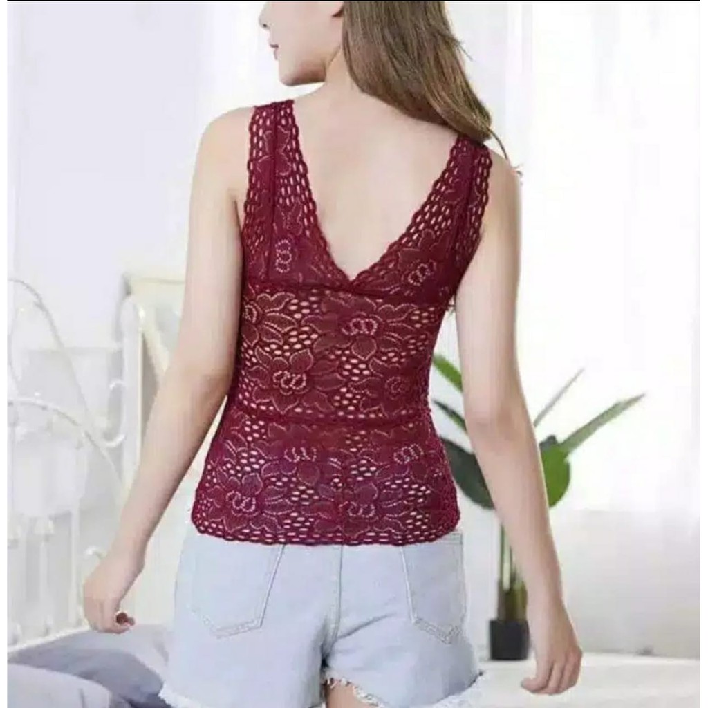 ATASAN TANKTOP TANK TOP KAMISOL V NECK PANJANG RENDA BRUKAT BROKAT PAKAI CUP BUSA