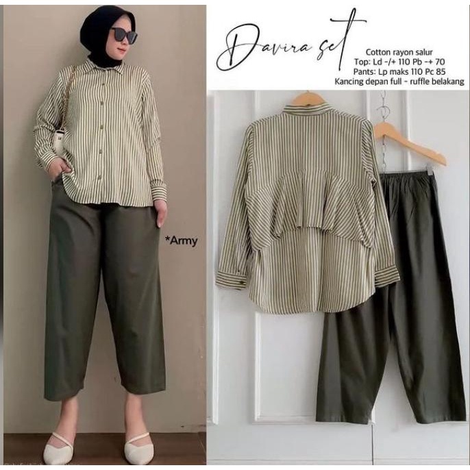 Davina Set 2in1 Bahan Katun Salur Mix Wolfice Terbaru 2021 Kekinian Viral Setelan Wanita Muslim Atas