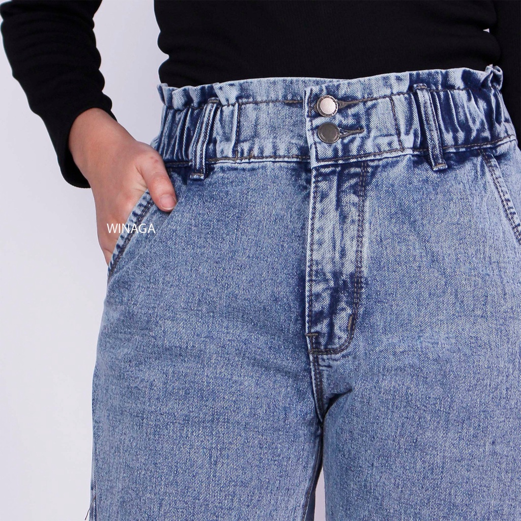 WINAGA- HighWaist Boyfriend Jeans Pinggang Karet Kancing 2