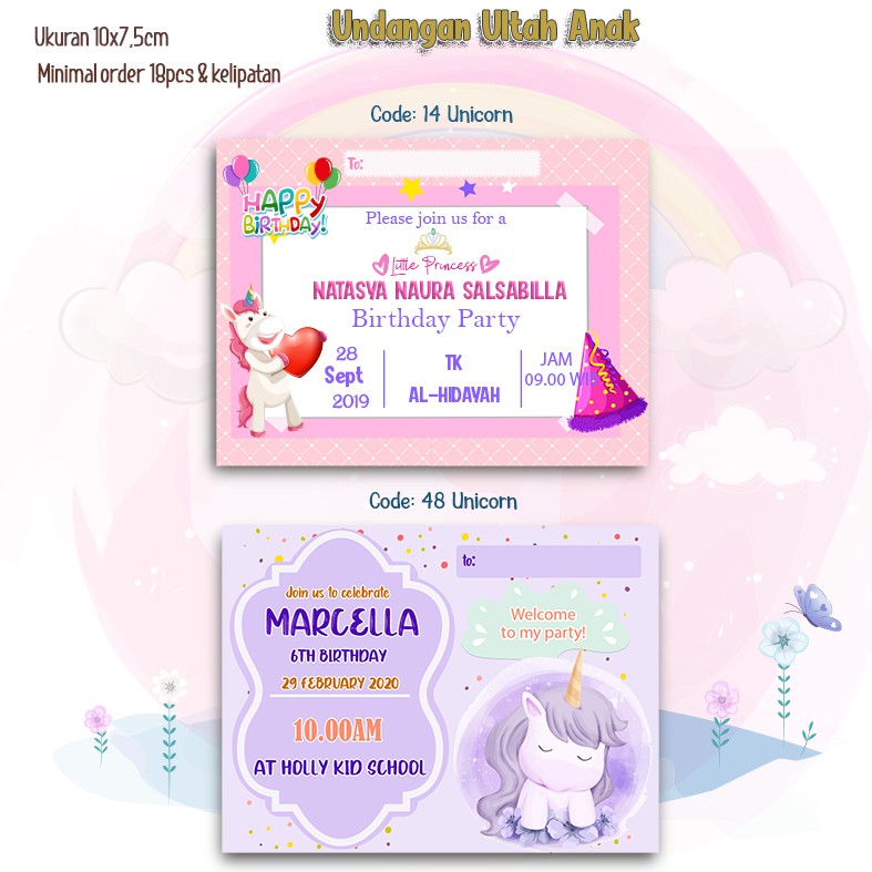 Undangan Ultah anak custom,bs tambah fotoundangan aqiqah anakfree design+bonus plastik opp tema unic