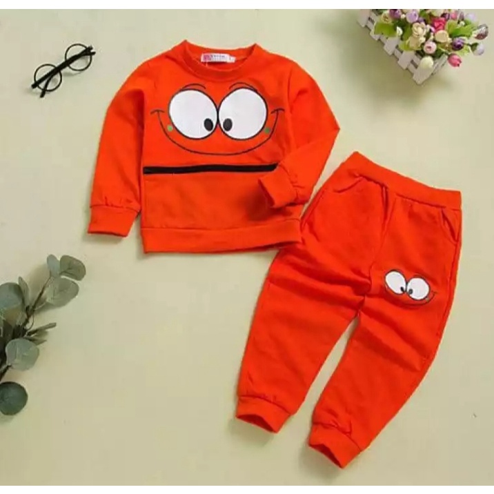 FLECCE SET | SETELAN SWEATER ANAK PEREMPUAN SWEATER KEROPPI 2 WARNA 1-5 TAHUN -ORANYE-HIJAU