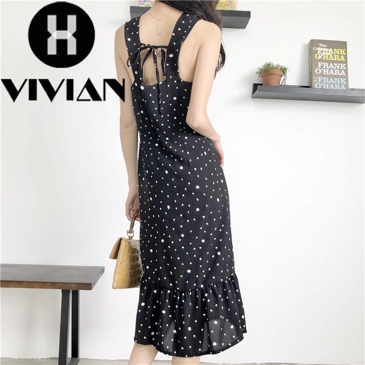 ?VIVIAN? Dress Midi Retro V-Neck Wanita Gaya Korea Motif Polkadot Hitam Belah Tengah+Pita Belakang