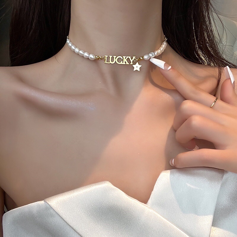 Kalung Titanium Lucky Mutiara Keberuntungan Korea Vintage Fashion Style