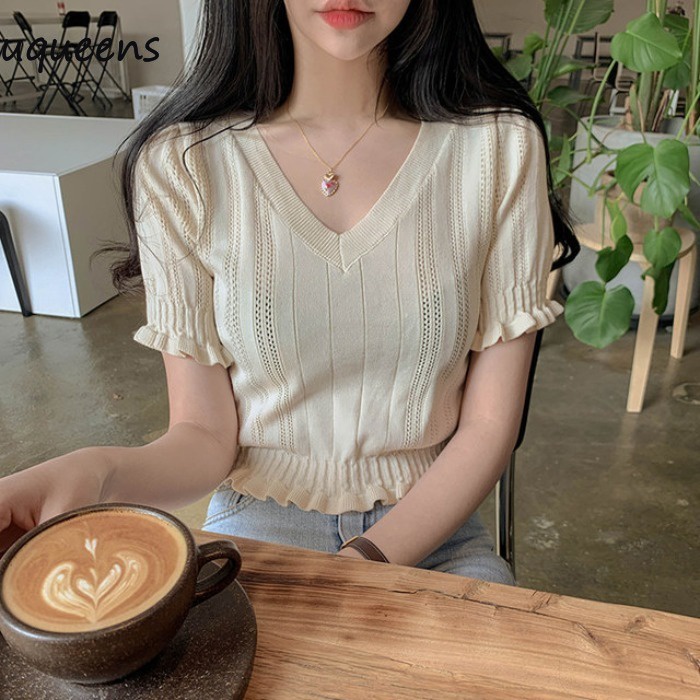 Bahan Rajut Crop-Top Gaya Korea Dan Kerah Leher V Dalam