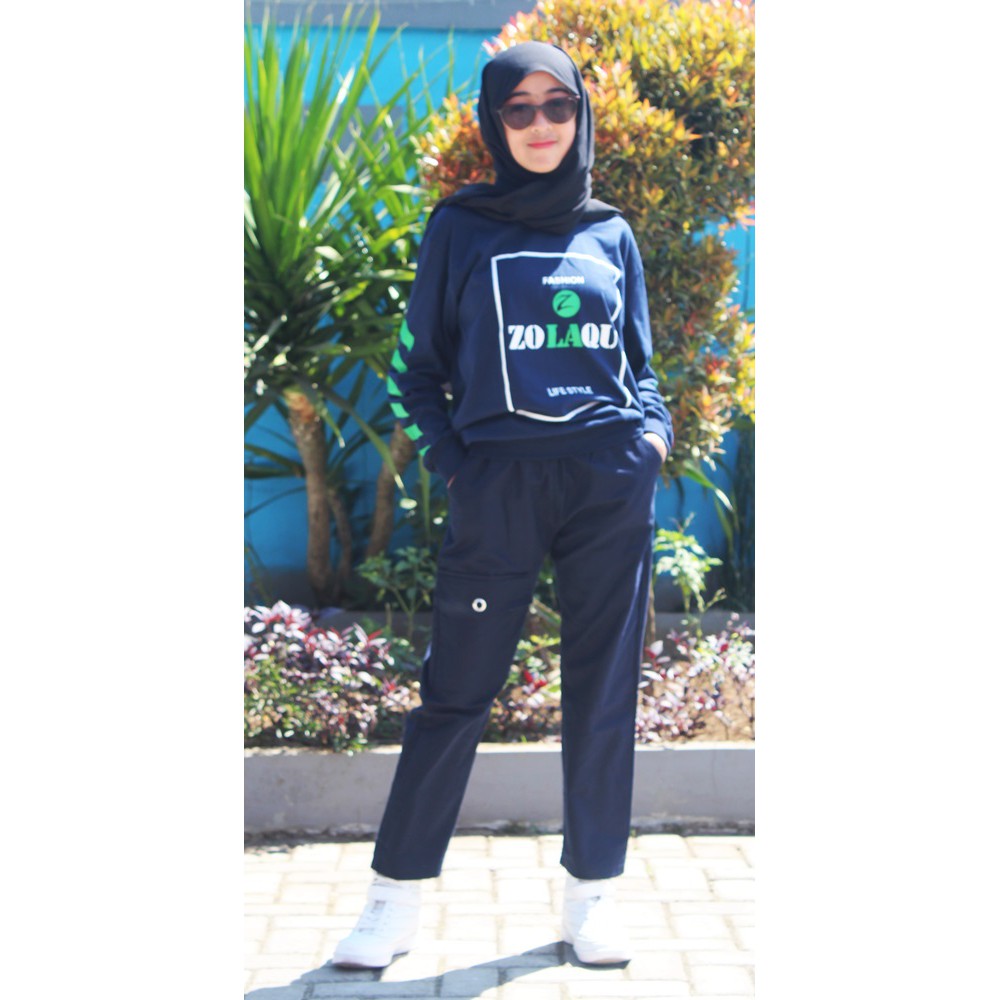 Pantaloni Cargo Dellina Skirt / Celana Panjang Wanita Jogger Slim Fit Warna Navy