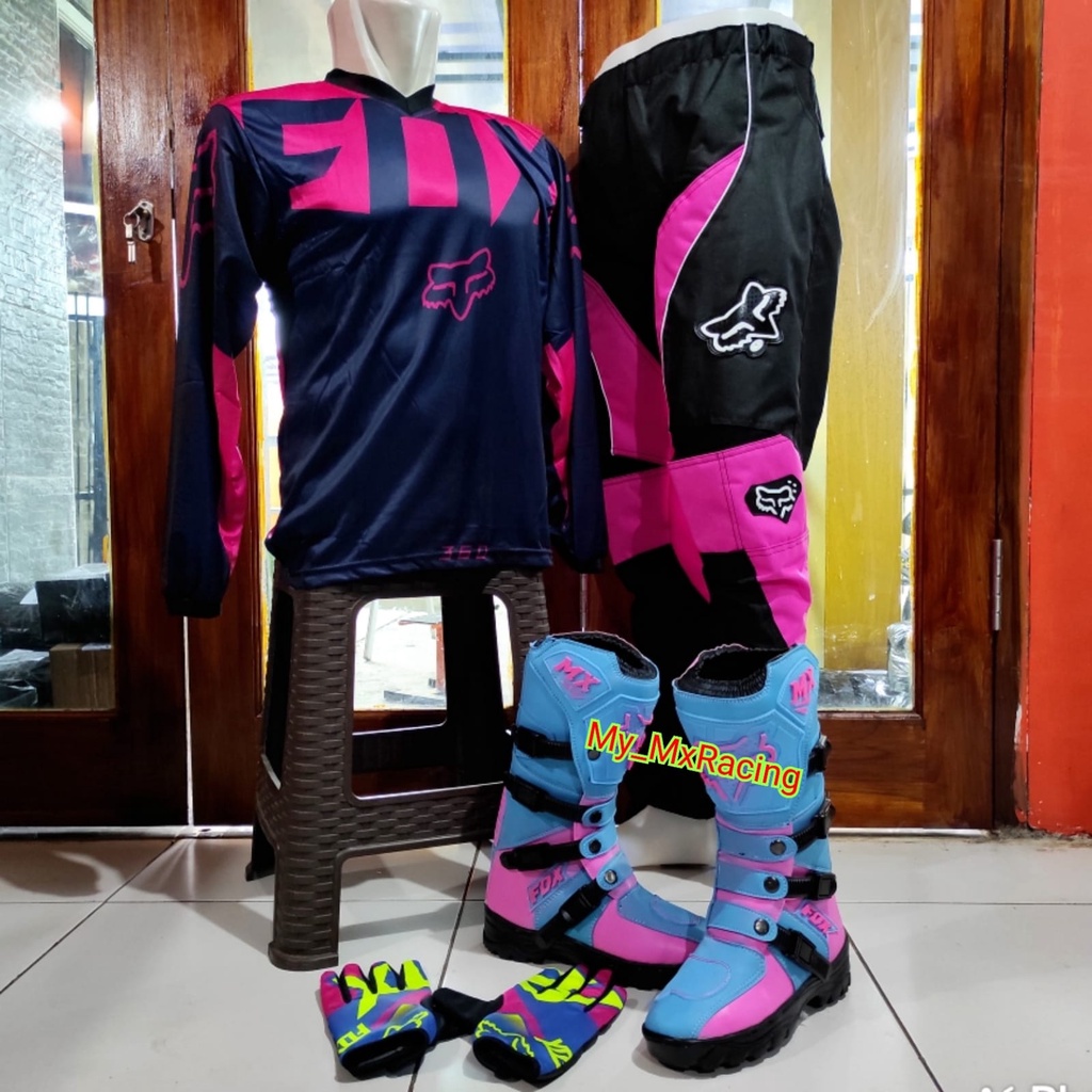 setelan offroad sepatu cross trail jersy jerseysett dan sarung tangan glove satu sett perlengkapan trail 023