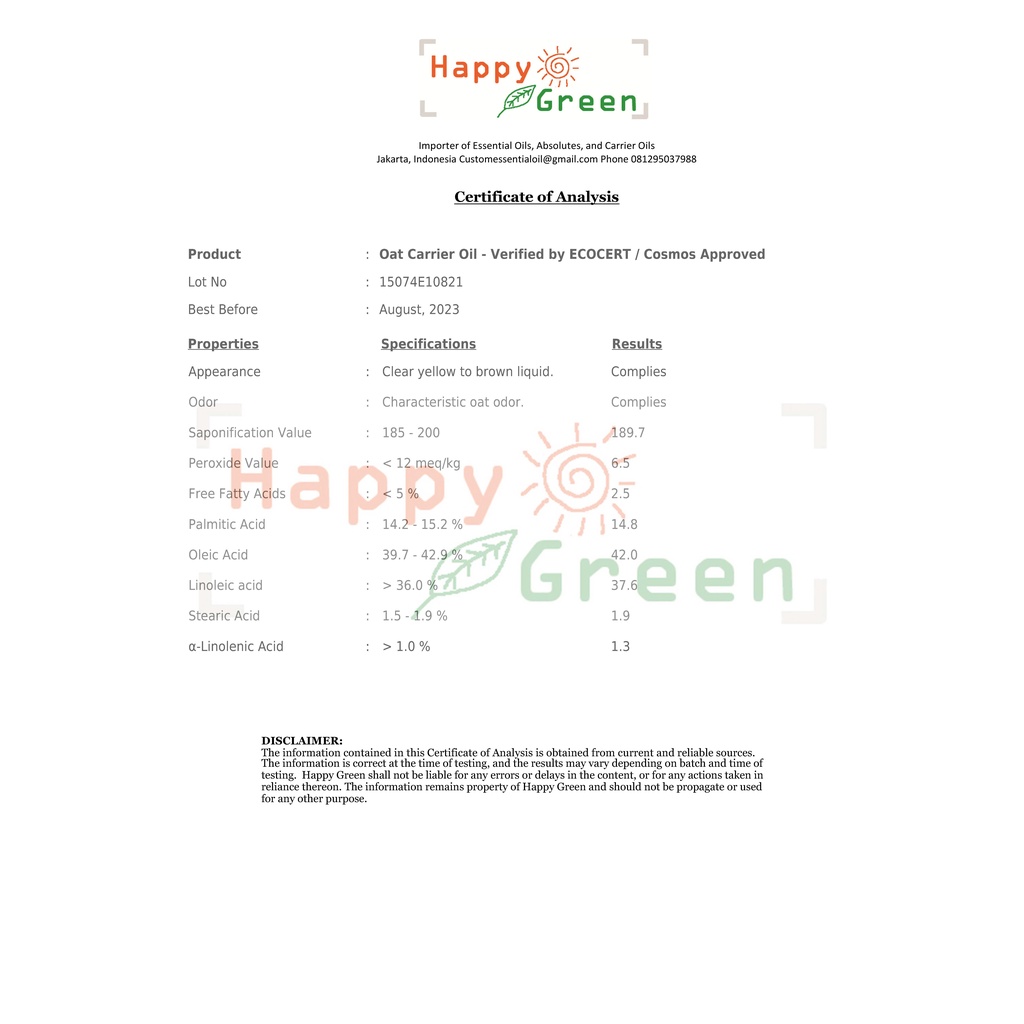 Happy Green Oat Carrier oil - Minyak Gandum Murni Natural