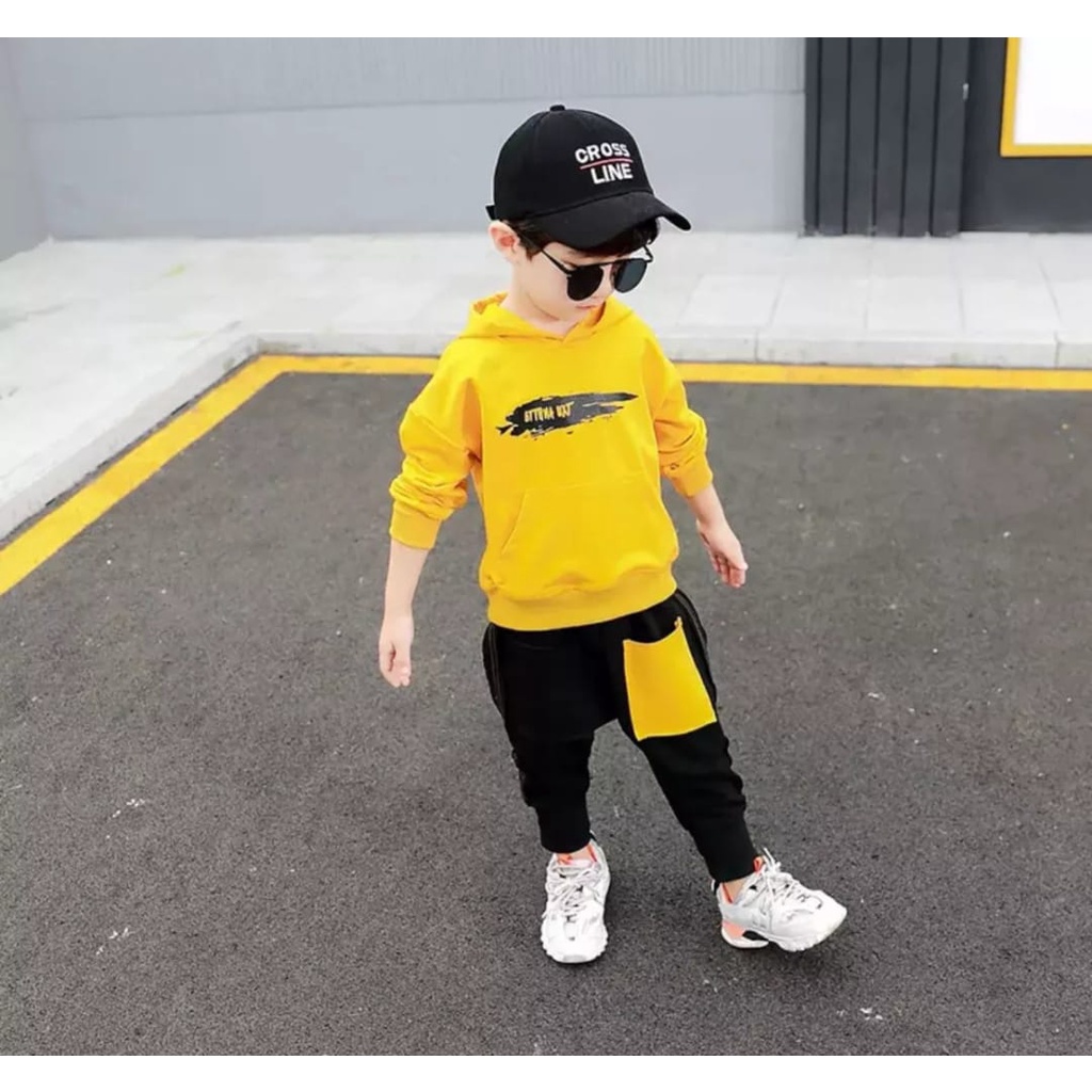 NUR - HOODIES SET | SETELAN MUSIM DINGIN ANAK LAKI-LAKI DAN PEREMPUAN SETELAN HOODIE BATMAN KUNING CELANA BABYTERRY 1-5 TAHUN