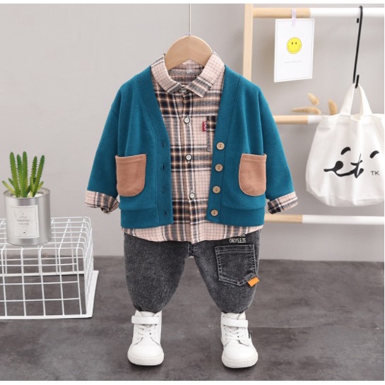 [COD] setelan anak laki laki kemeja celana cardigan 3pcs fashion korea import grosir baju anak cowo 