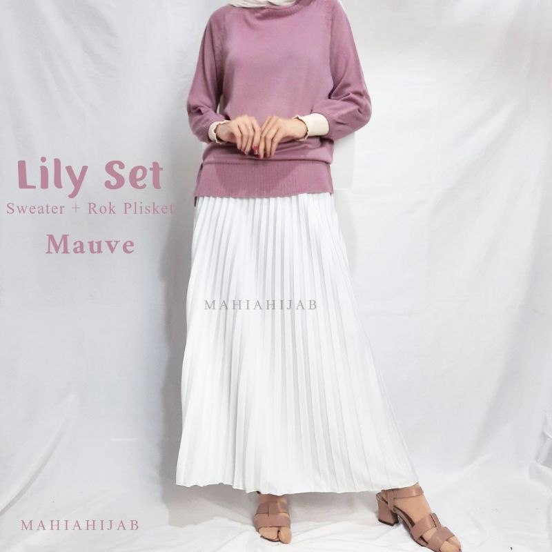 Lily One Set Sweater rajut + Rok Plisket | Setelan wanita rajut premium | Outfit muslim hijab