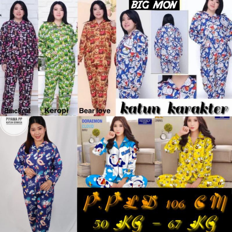 PIYAMA BIGSIZE LENGAN PANJANG WANITA DEWASA LD 120 SET BAJU TIDUR CELANA JUMBO MOTIF KARAKTER CEWEK