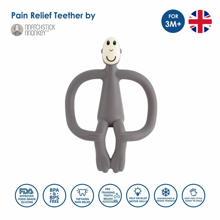 Matchstick Monkey - Teether Baby - Teething Toy Bayi - Gigitan Gusi Anak Bayi - Sikat Gigi Mainan-Grey