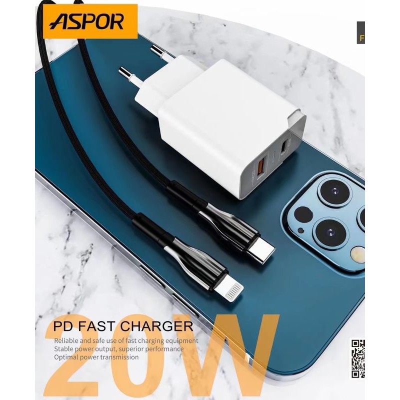 Aspor PD &amp; usb QC 20 watt Home Charger PD Type-C &amp; Usb Fast Charging Qualcomm 3.0