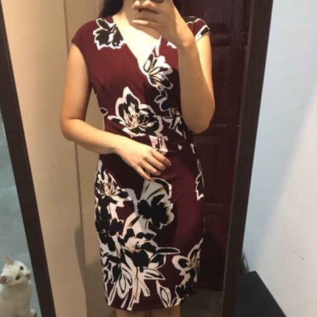 Ralph Lauren Bodycon Midi Dress Maroon Floral (not zara uniqlo h&m)