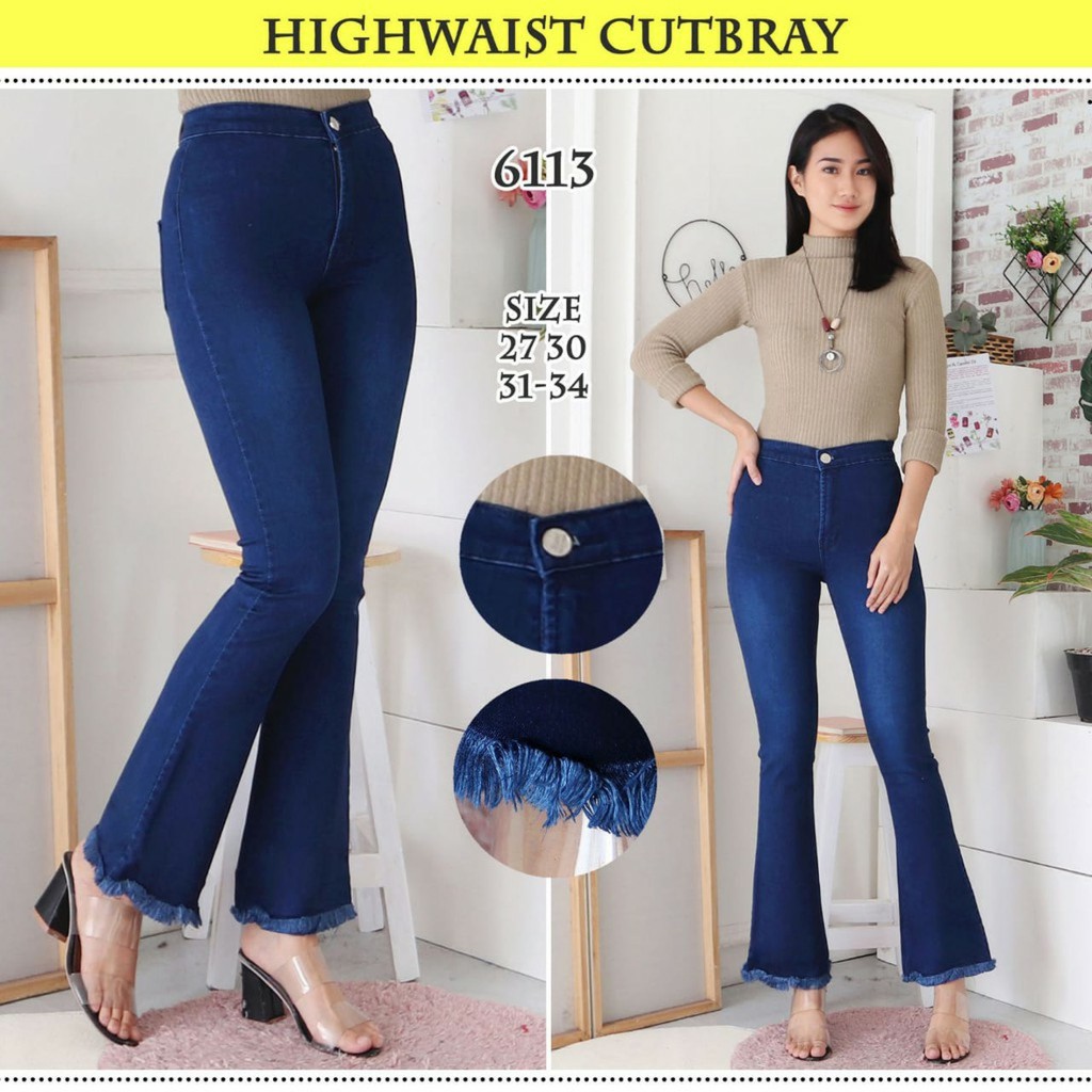 Dazina Highwaist Cutbray Rawis- Celana Jeans HW Navy