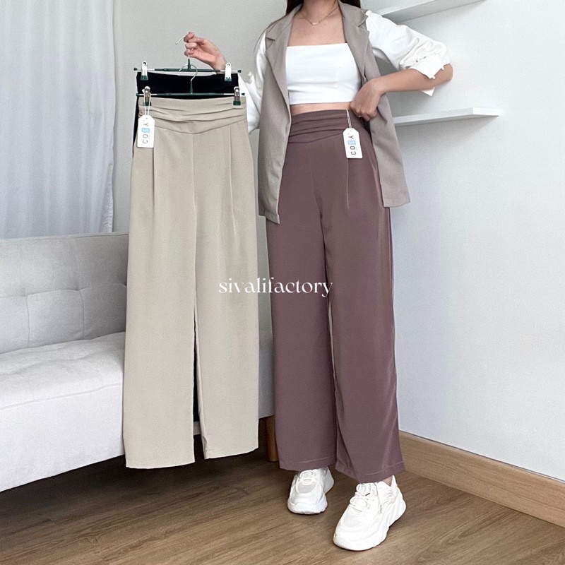 SIVALI Jiwoo Pants 592 - Loose Pants Trousers Wanita - Celana Anti Kusut - Celana Kulot Wanita - Celana Kantor Formal / Casual