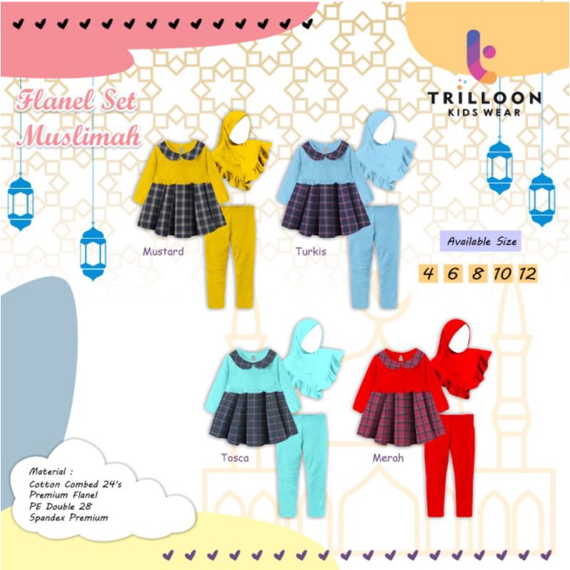 Flanel Set Muslimah by Trilloon (Baju Muslim Anak Cewek Perempuan Setelan Tunik Celana Legging Hijab