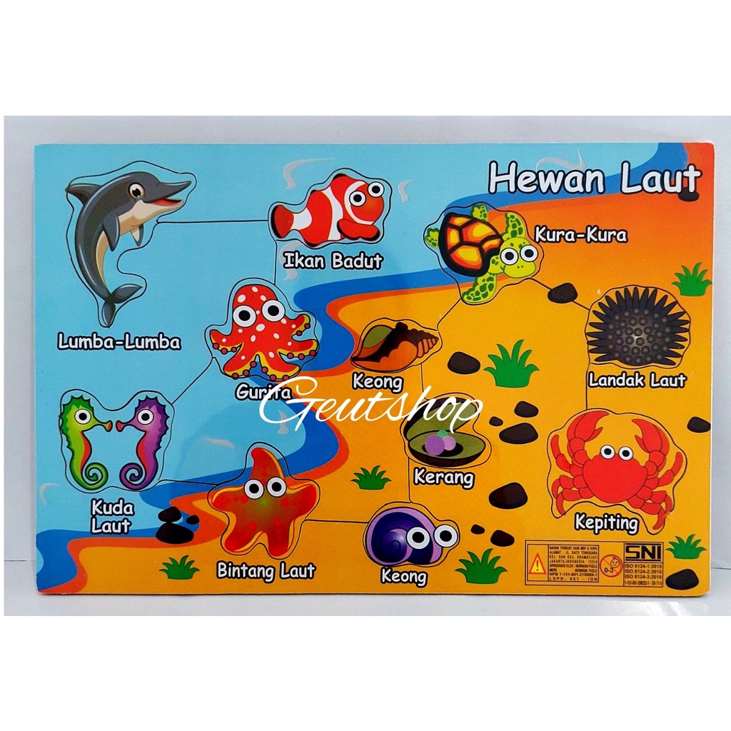 Wooden Puzzle Game : Hewan di dalam laut - Mainan edukatif (APE) - stimulasi motorik
