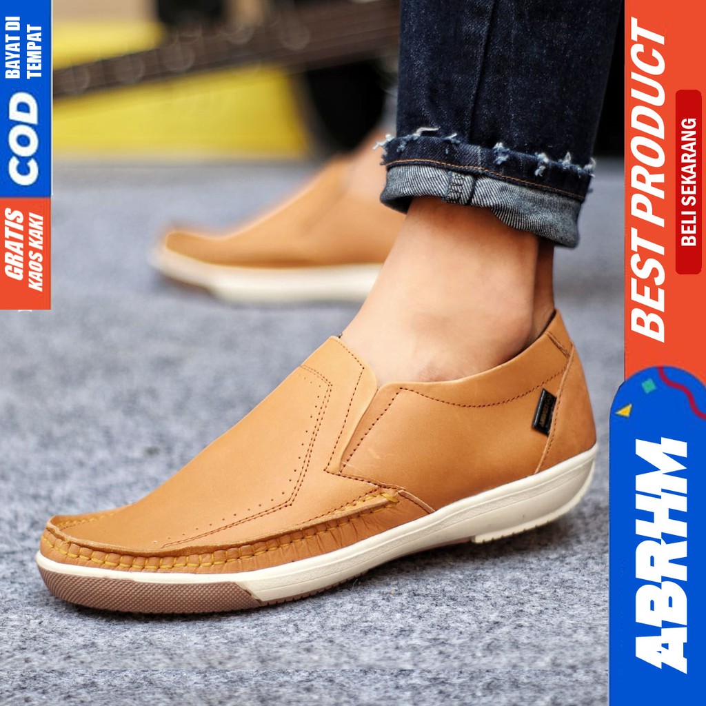 ABRHM X SANDRO Sepatu Casual Slip on Pria Sepatu Slip On Pria Sepatu Pria Casual Kulit Asli Cowok Sepatu Kasual Semi Formal Kerja Kantor Kuliah Anti Slip Gaya Santai Keren Kekinian Original