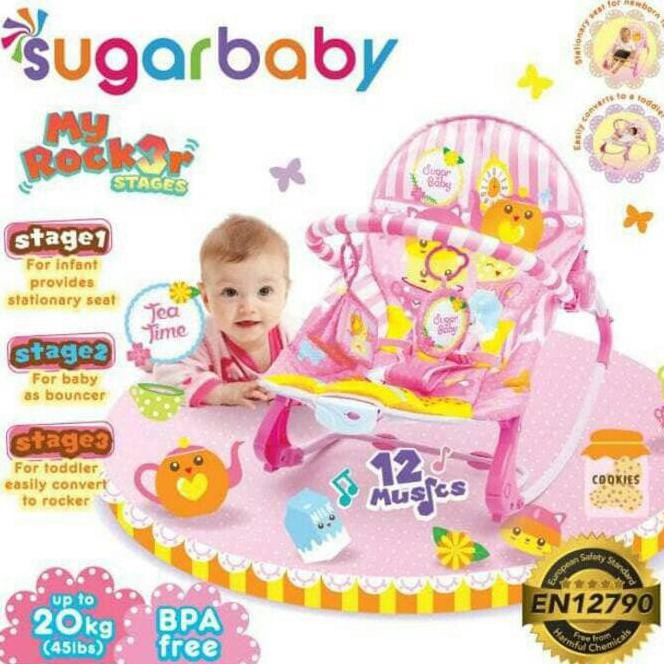 bouncer sugar baby my rocker 3 reclines tea time little farm jungle   tea time pink