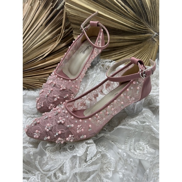 sepatu wanita wedding marmarisa dustypink tali 5cm kaca