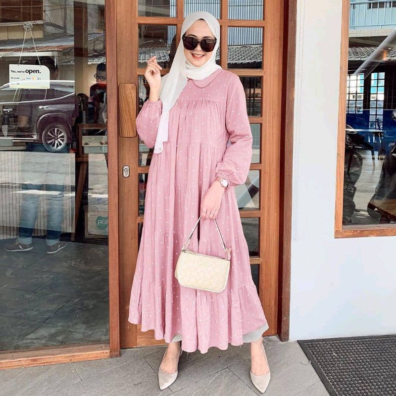GHYNA GHINA MIDI DRESS POLKA RAYON PREMIUM LD 110 GAMIS MUSLIMAH PESTA KONDANGAN HANGOUT OOTD MURAH 