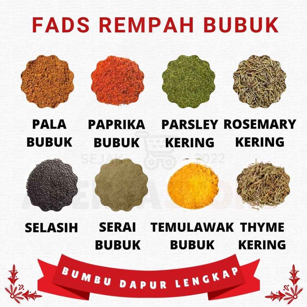 Fad's Bumbu Dapur Bubuk Lengkap 500gr - Rempah Bubuk Lengkap - Adas Asam Bawang Cabai Ngohiong Daun Jeruk Salam Gochugaru Jahe Jintan Kayu Manis Kemiri Kencur Ketumbar Kunyit Lada Hitam Lada Putih Laos Pala Paprika Selasih Serai Temulawak WIjen