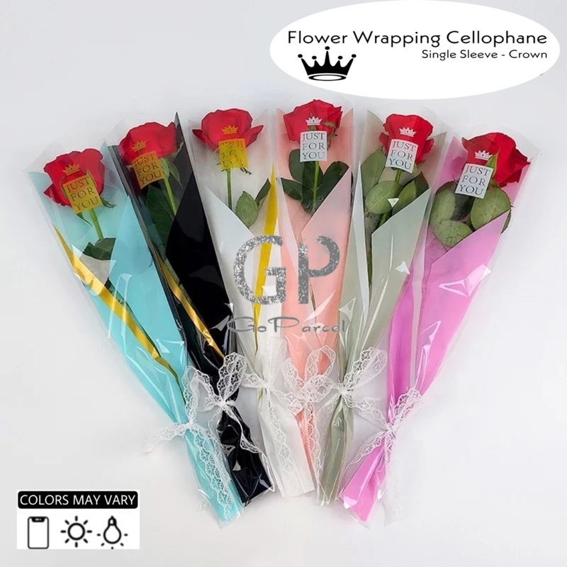 ( 5 Lembar ) CROWN -  FLOWER ROSE SLEEVE PACKING BAG - FLOWER WRAPPING PAPER 50x10 CELLOPHANE PLASTIC / KERTAS BUNGA