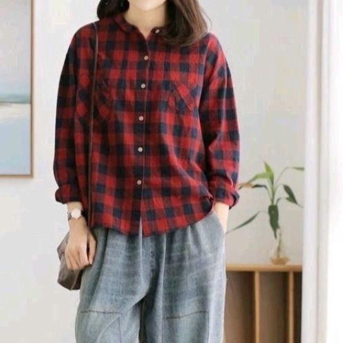 8938 Baju atasan Kemeja PLAID motif kotak-kotak kecil merah coklat Korean style wanita import baju a