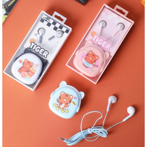 [XY-68] Set Headset Earphone TIGER Earphones / Wadah Earphone Kartun Animal Harimau Lucu / Earphone Karakter Hewan TIGER