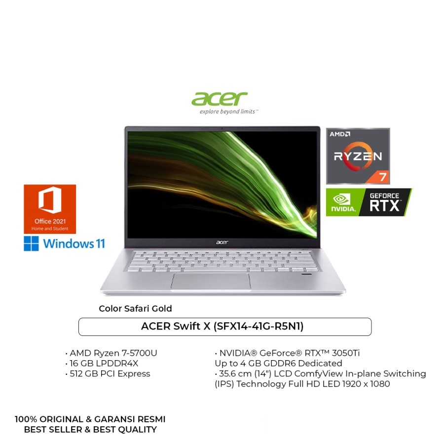 ACER Swift X SFX14 41G R5N1 Ryzen 7 5700U 16GB 512GB RTX3050Ti W11 OHS