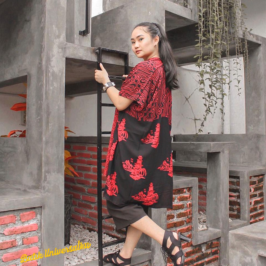 BATIK UNIVERSALKU - Bolero Batik Top Outer Cardigan Big Size Deluxe Parang Pagoda Agustus Merah