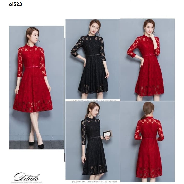 oi523- baju terusan wanita dress import hitam-merah brokat