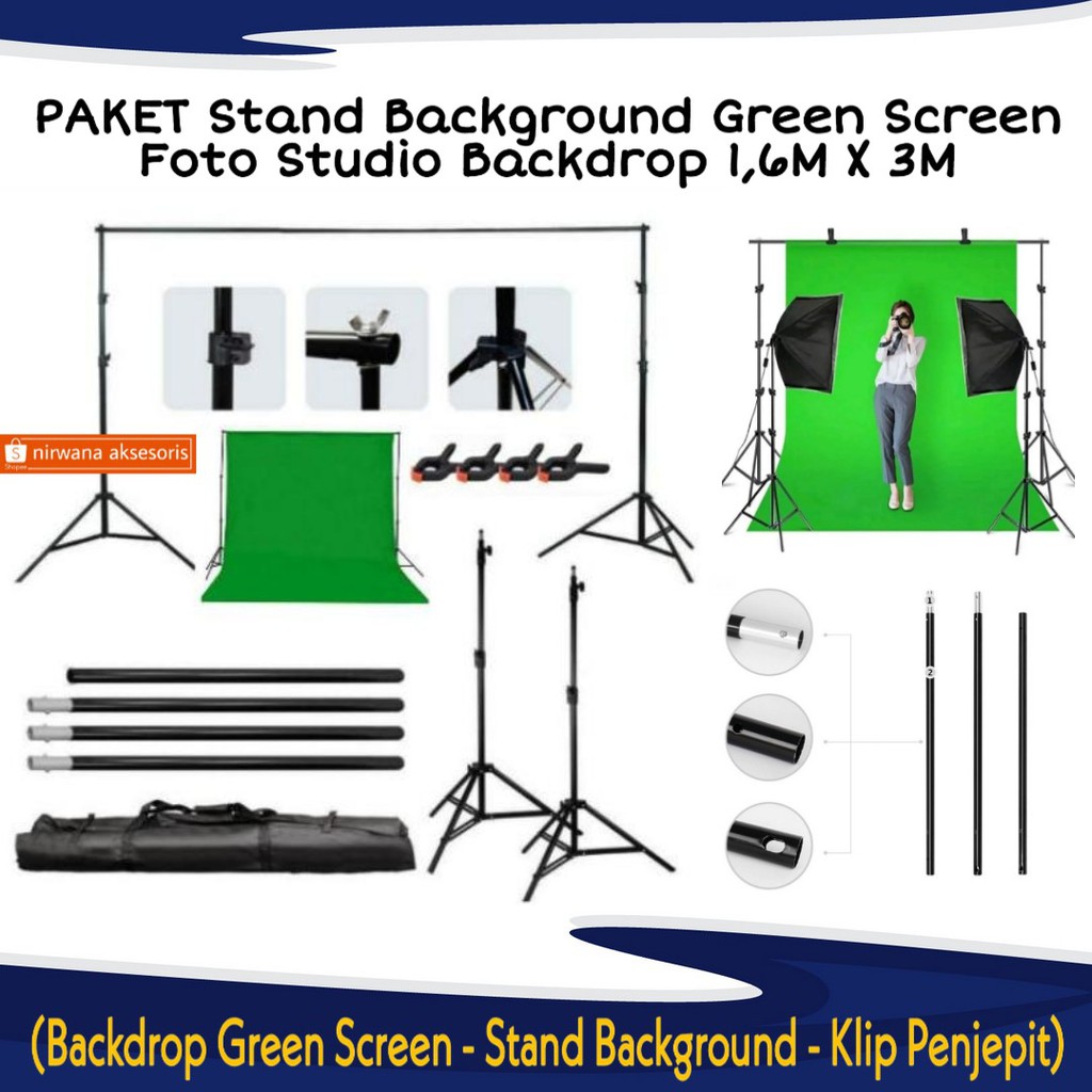 GREEN SCREEN PAKET SET Stand Background Green Screen Foto Studio Backdrop 1,6M X 3M Free Penjepit
