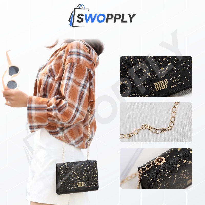 Swopply SW1314 Tas Selempang Wanita Gliter Sling Bag Motif Bintang Tali Rantai Fashion