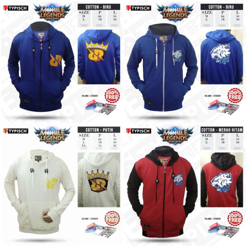 JAKET HOODIE ZIPPER M-XL TYPISCH ORIGINAL EVOS RRQ FREE GELANG DAN STICKER