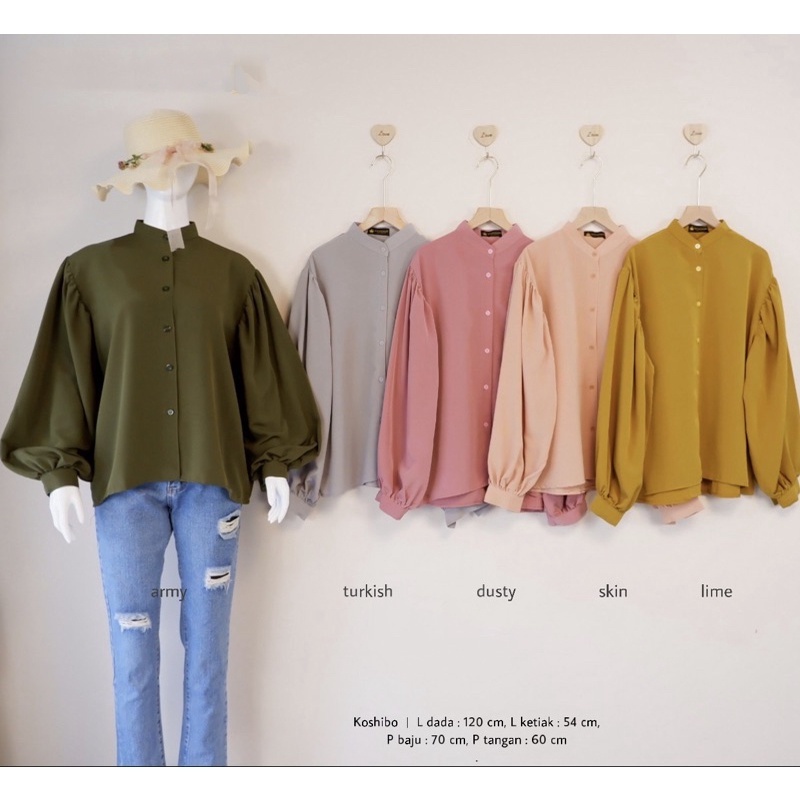 Kemeja Cewek / Wanita Lengan balon Panjang Long Hem Motif Polos