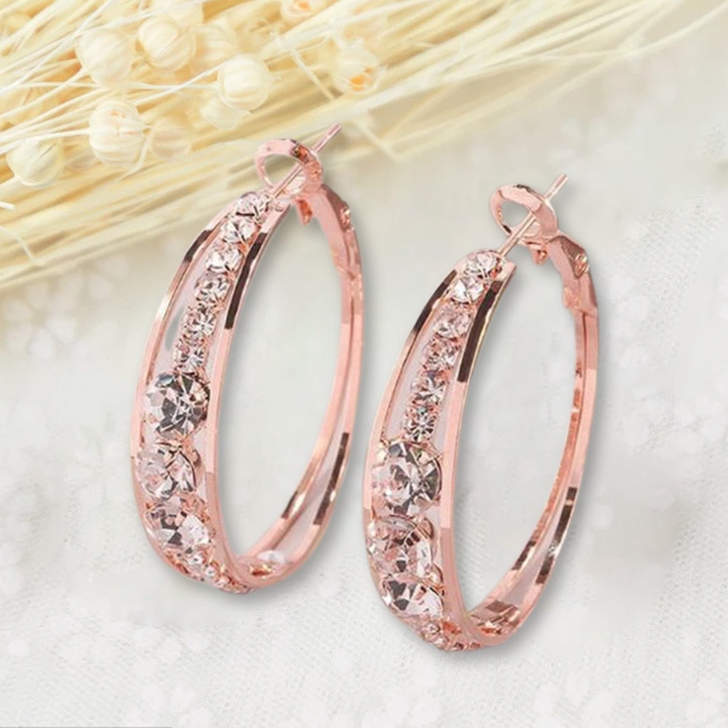 Hu Hu Hu Hu Hu Alat Bantu Pasang Kacamata♡ 1 Pasang Anting Hoop Berlian Imitasi Bentuk Lingkaran Warna Rose Gold Untuk Wanita