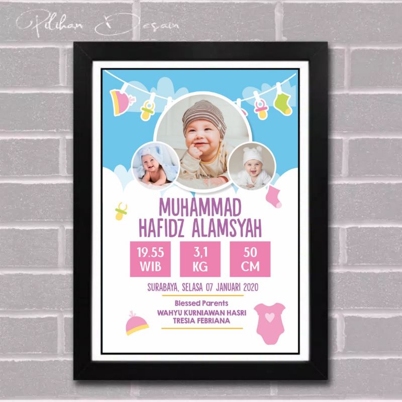 FRAME KACA + CETAK + DESAIN foto biodata anak bayi hadiah gift kado hampers lahiran melahirkan unik