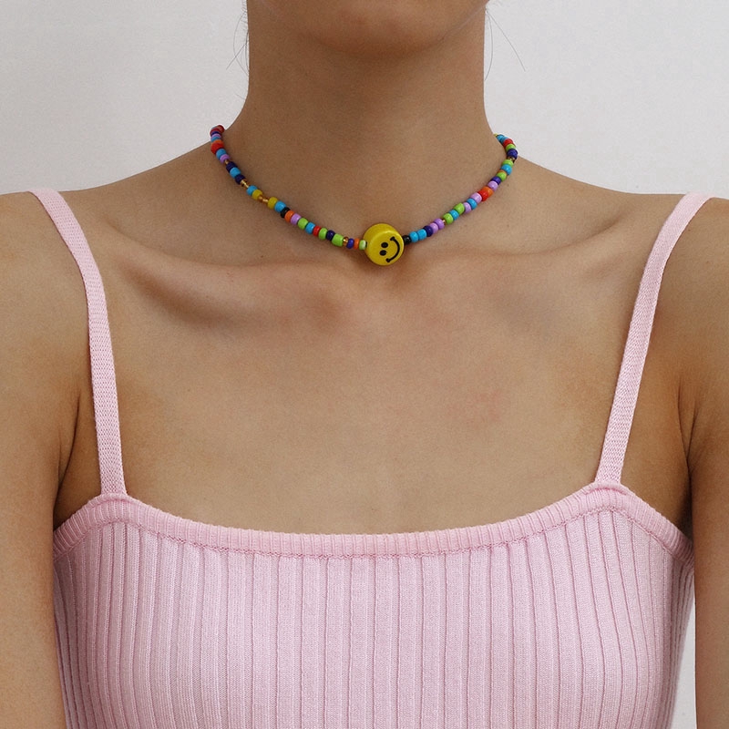 Bohemian Choker Necklace Women Girls Colorful Rice Beads Bohemian Necklace Smile Face Pendants