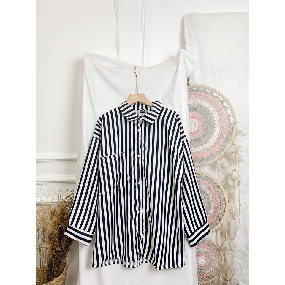 Puffy Crincle Blouse Wanita  / Blouse Salur Wanita / Blouse Kerja Wanita-SAHILA NAVY