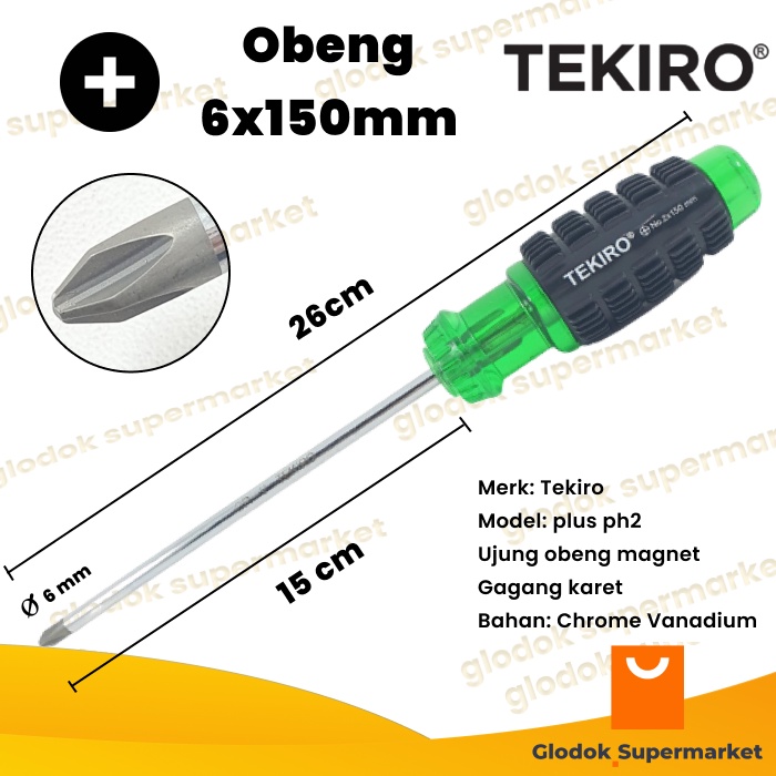 Obeng Plus 6 inch Tekiro Diameter 6mm Panjang Besi 15cm Magnet Gagang Karet