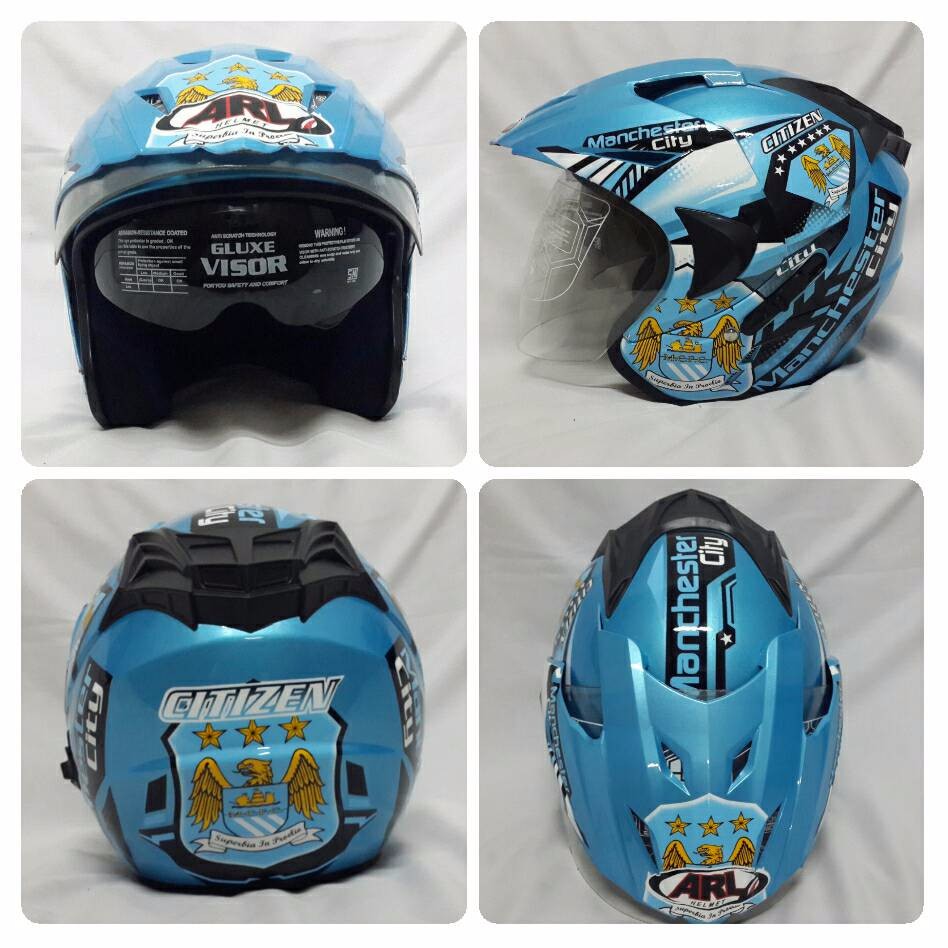 Helm ARL Club Bola Half Face Double Visor Manchester City Biru Muda.