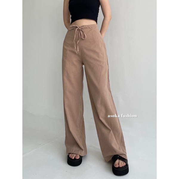 ASOKA Rachel Pants 2431 - Celana Highwaist Tali - Celana Linen Crinkle - Kulot Casual