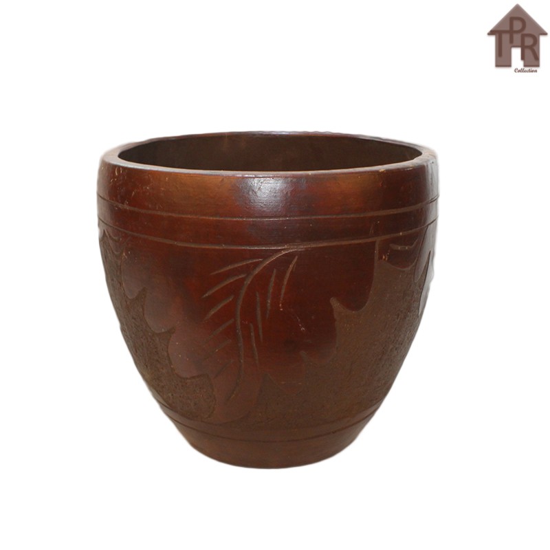Gerabah | Pot Tanah Liat Natural / Pot Model Kapsul Ukir Daun - D32