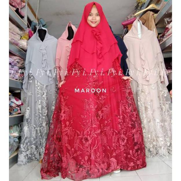 TERLARIS SET GAMIS SYARI BAJU MUSLIM PESTA MEWAH CERUTY TILE BORDIR BROKAT 3D JUMBO BUSUI KHIMAR PET