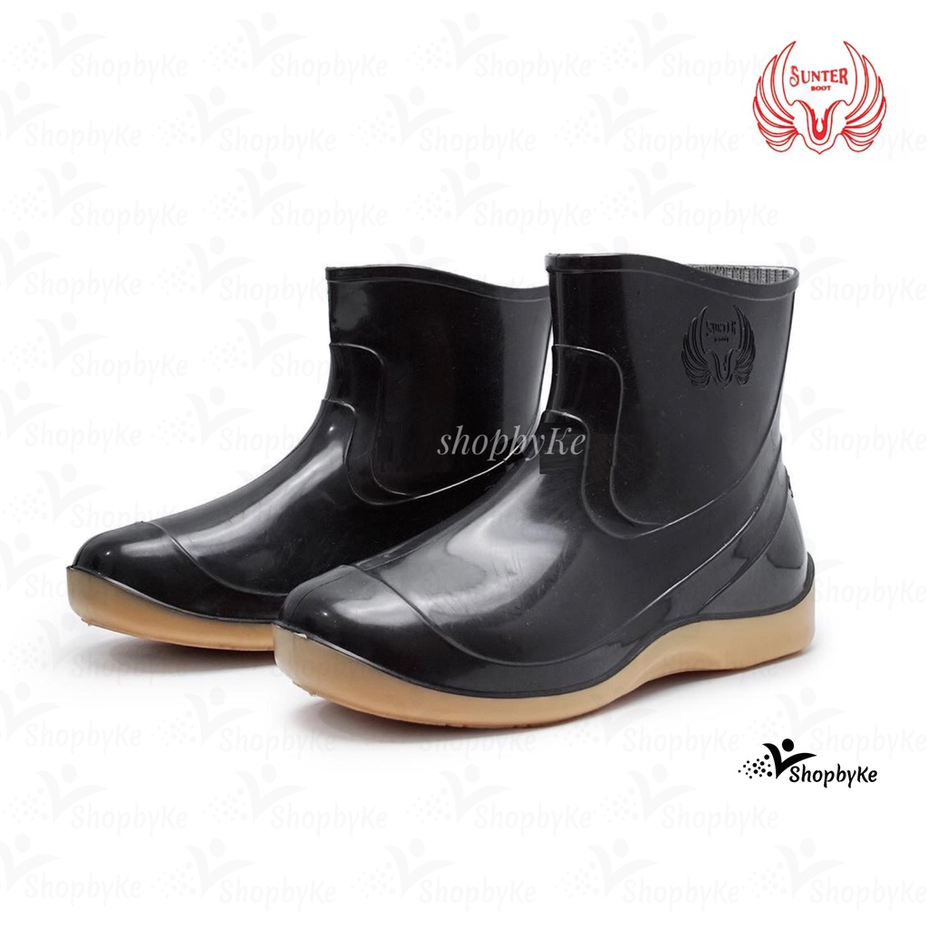 Sepatu Boots Karet Pendek Sunter Relax Hitam Sol Merah dan Hitam Sol Penthel Glossy Mengkilap